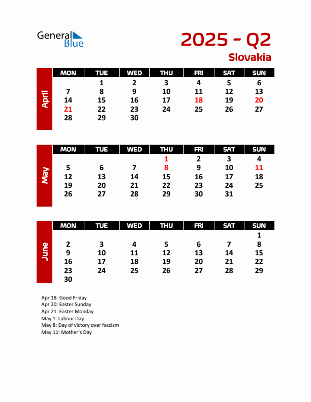 Q2 2025 Calendar with Holidays in Slovakia