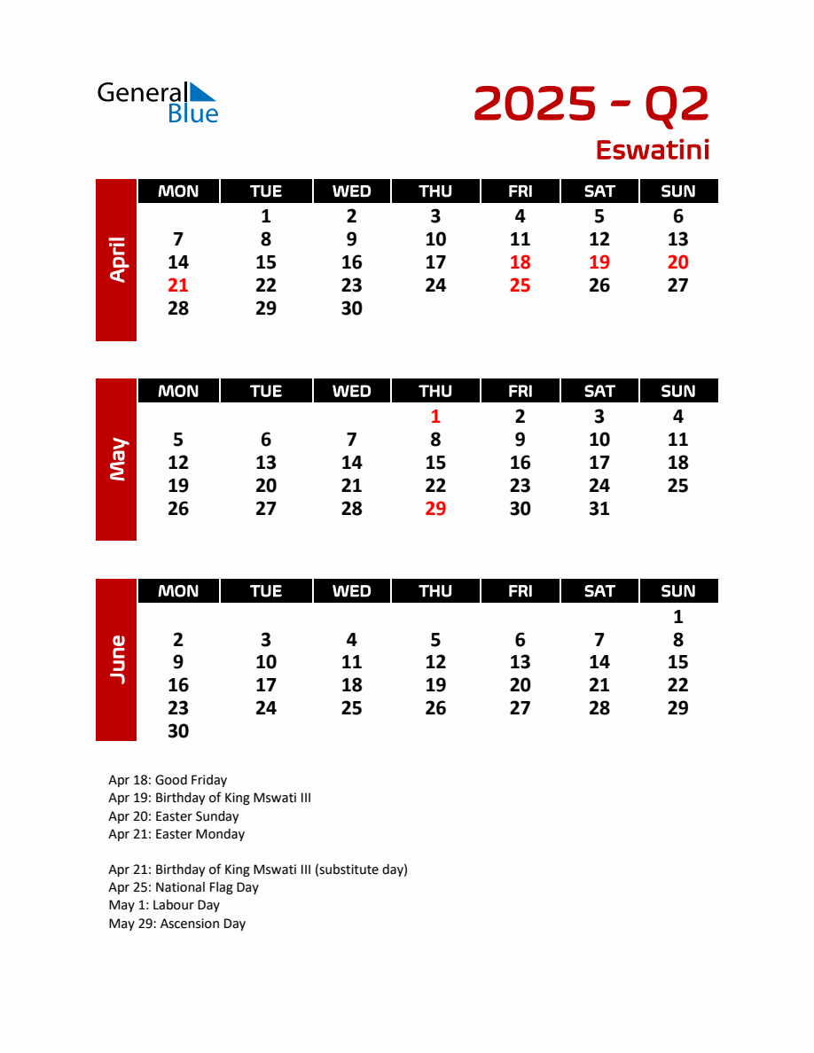 Q2 2025 Calendar with Holidays for Eswatini - Monday Start