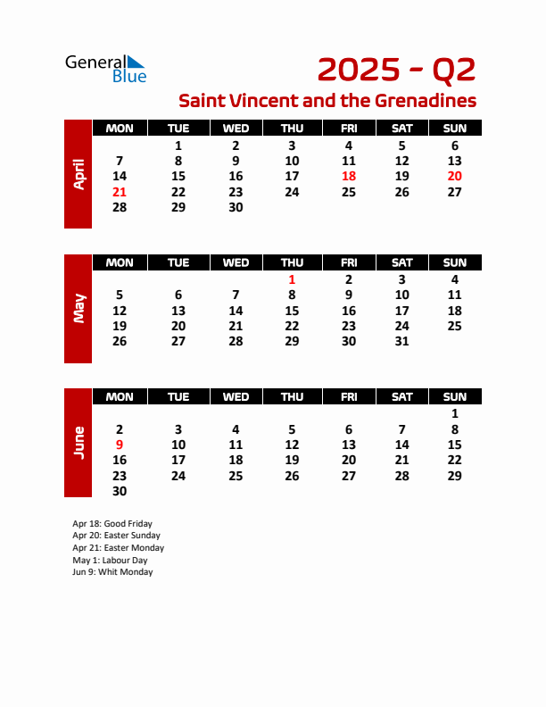 Q2 2025 Calendar with Holidays in Saint Vincent and the Grenadines