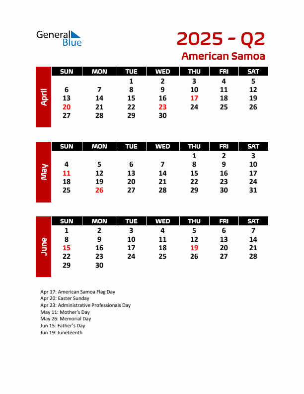 Q2 2025 Calendar with Holidays in American Samoa