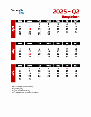 Bangladesh Quarter 2 2025 calendar template