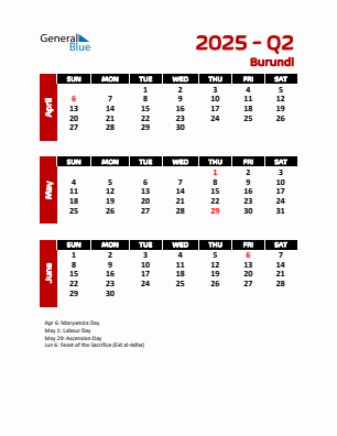 Burundi Quarter 2 2025 calendar template