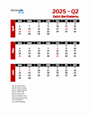 Saint Barthelemy Quarter 2 2025 calendar template