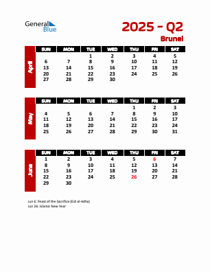 Brunei Quarter 2 2025 calendar template