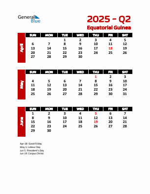 Equatorial Guinea Quarter 2 2025 calendar template