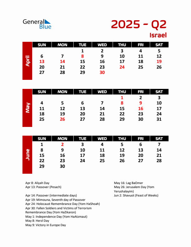 Q2 2025 Calendar with Holidays in Israel