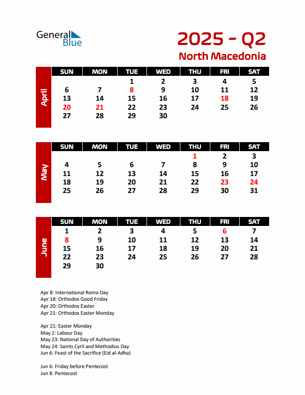 Q2 2025 Calendar with Holidays in North Macedonia