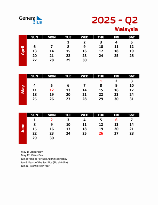 Q2 2025 Calendar with Holidays in Malaysia