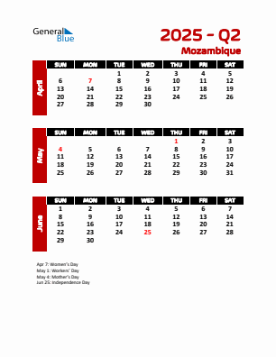 Mozambique Quarter 2 2025 calendar template