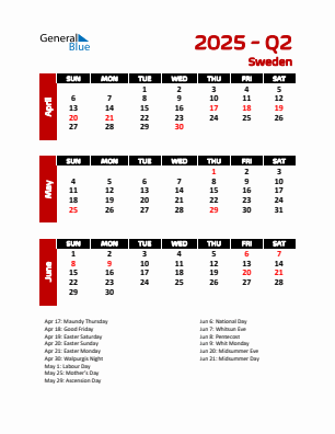 Sweden Quarter 2 2025 calendar template