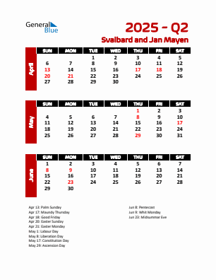 Svalbard and Jan Mayen Quarter 2 2025 calendar template
