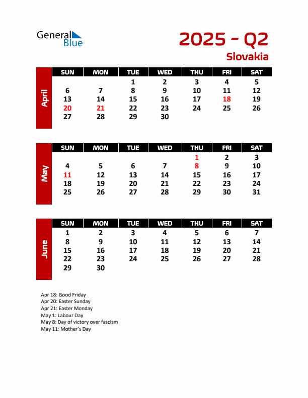 Q2 2025 Calendar with Holidays in Slovakia