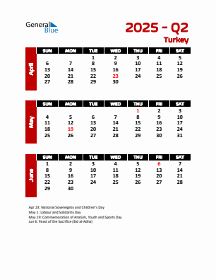 Turkey Quarter 2 2025 calendar template