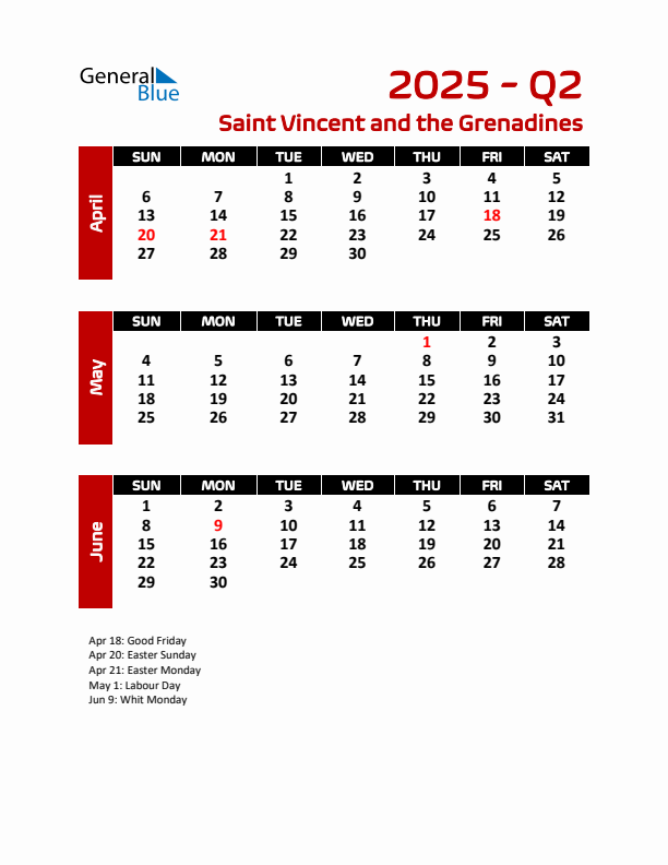 Q2 2025 Calendar with Holidays in Saint Vincent and the Grenadines