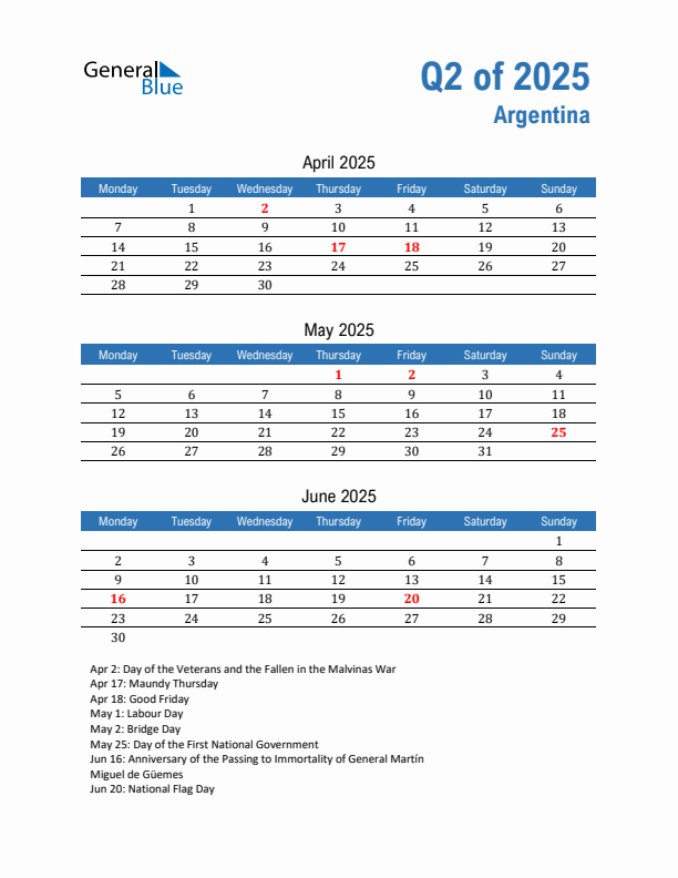 Argentina Q2 2025 Quarterly Calendar with Monday Start