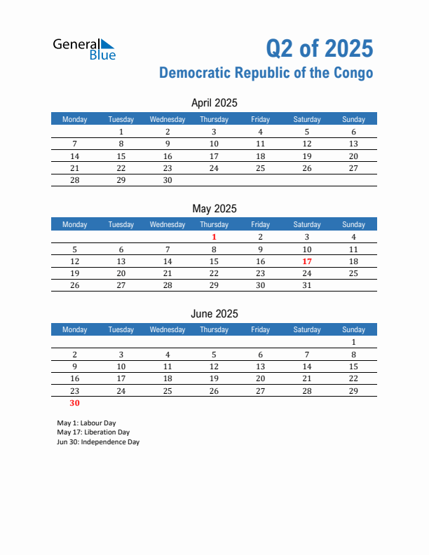 Democratic Republic of the Congo Q2 2025 Quarterly Calendar with Monday Start