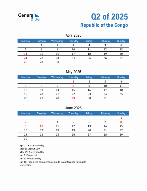 Republic of the Congo Q2 2025 Quarterly Calendar with Monday Start