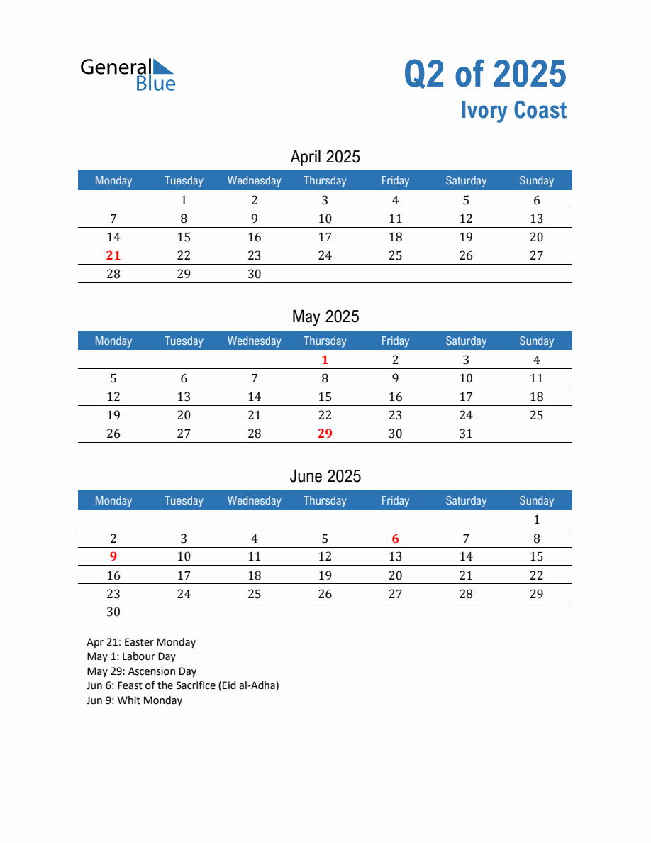 Ivory Coast Quarterly Calendar (Quarter 2 of 2025) - Monday Start