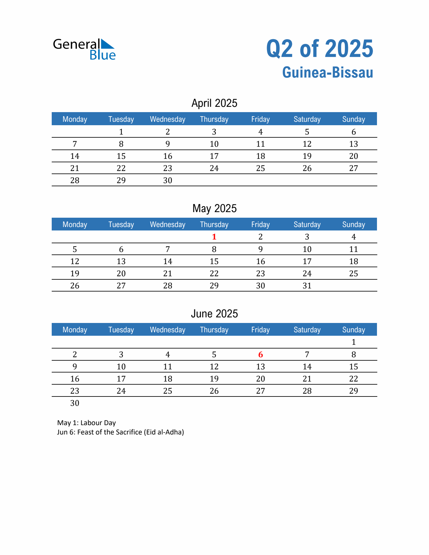 Guinea-Bissau Q2 2025 Quarterly Calendar with Monday Start