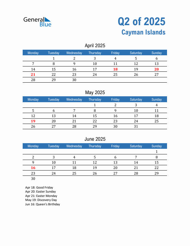 Cayman Islands Q2 2025 Quarterly Calendar with Monday Start