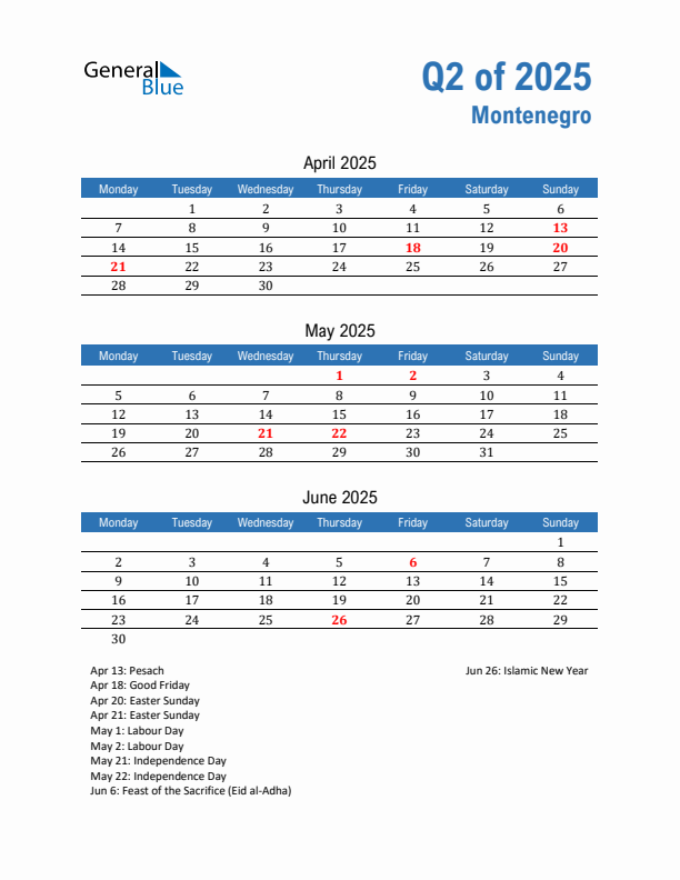 Montenegro Q2 2025 Quarterly Calendar with Monday Start
