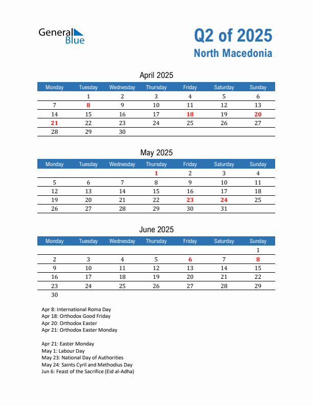 North Macedonia Q2 2025 Quarterly Calendar with Monday Start