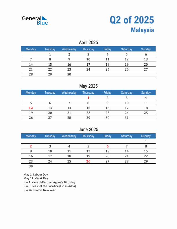 Malaysia Q2 2025 Quarterly Calendar with Monday Start