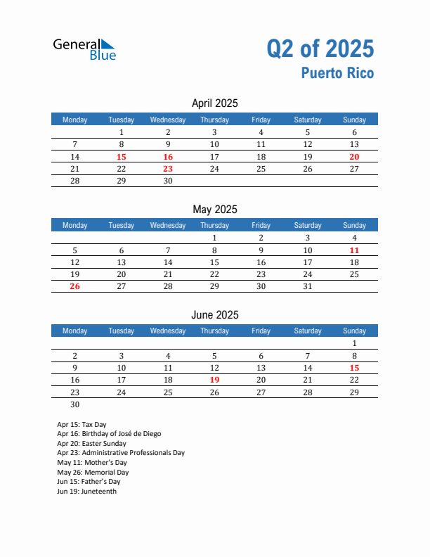 Puerto Rico Q2 2025 Quarterly Calendar with Monday Start