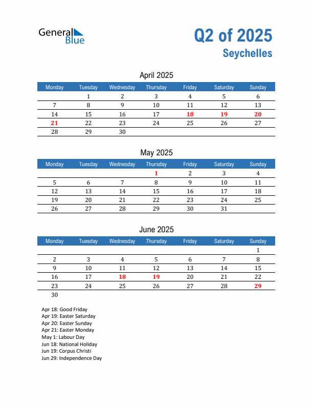 Seychelles Q2 2025 Quarterly Calendar with Monday Start