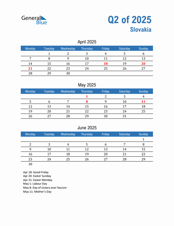 Slovakia Q2 2025 Quarterly Calendar with Monday Start