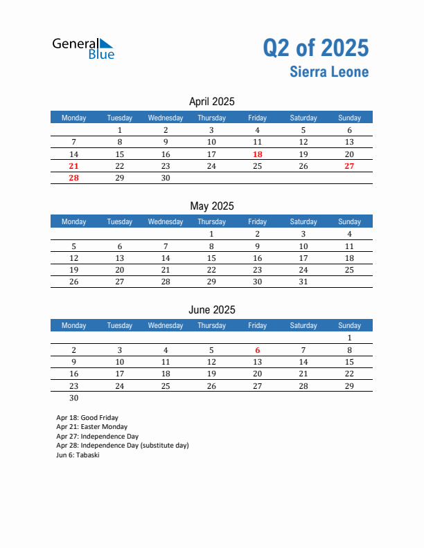 Sierra Leone Q2 2025 Quarterly Calendar with Monday Start