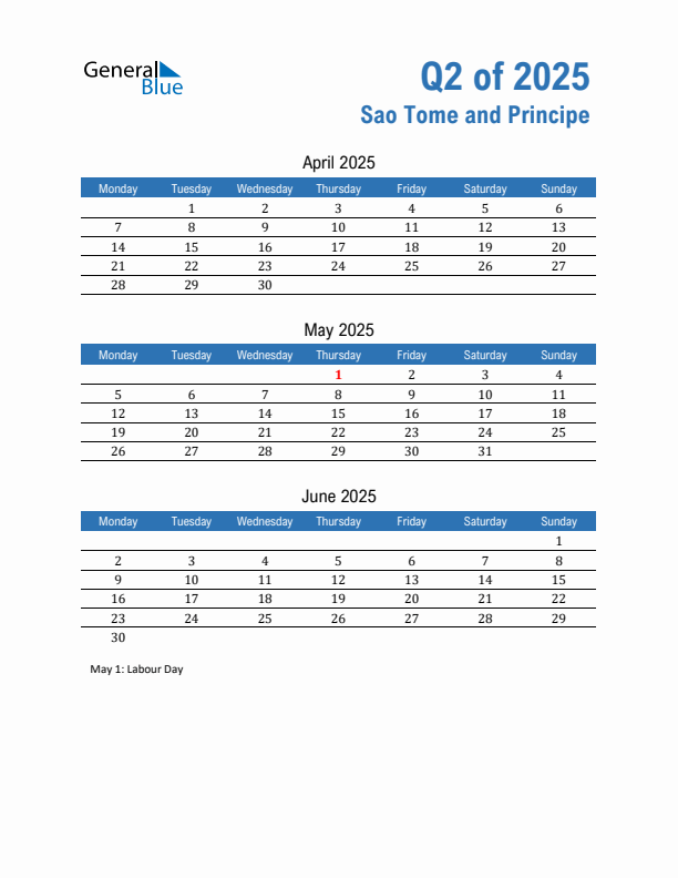 Sao Tome and Principe Q2 2025 Quarterly Calendar with Monday Start