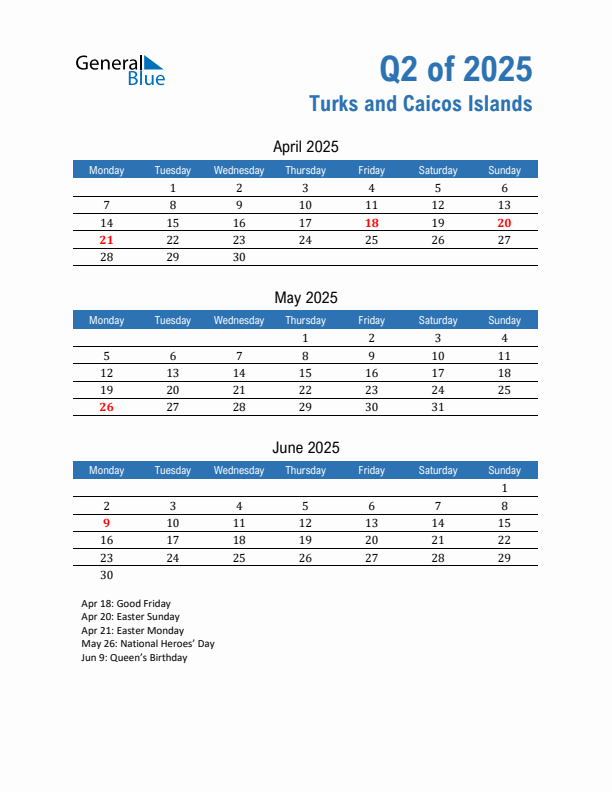 Turks and Caicos Islands Q2 2025 Quarterly Calendar with Monday Start