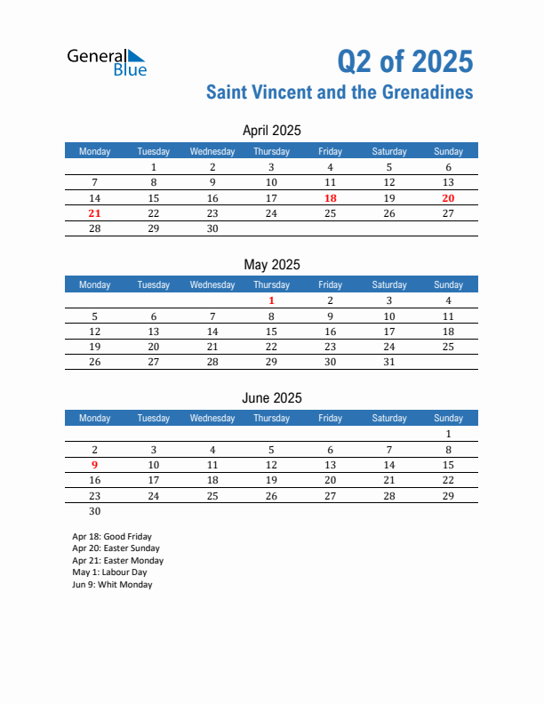 Saint Vincent and the Grenadines Q2 2025 Quarterly Calendar with Monday Start