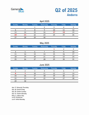Andorra Quarter 2 2025 calendar template
