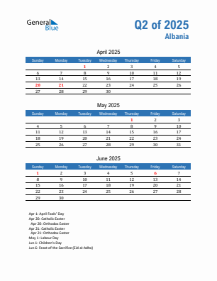 Albania Quarter 2 2025 calendar template
