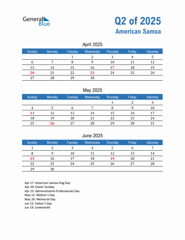 American Samoa Q2 2025 Quarterly Calendar with Sunday Start