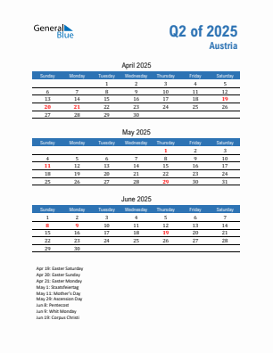 Austria Quarter 2  2025 calendar template