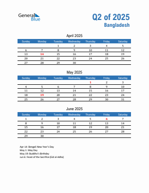 Bangladesh Quarter 2 2025 calendar template