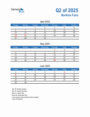 Burkina Faso Quarter 2 2025 calendar template