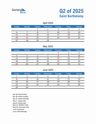 Saint Barthelemy Quarter 2 2025 calendar template
