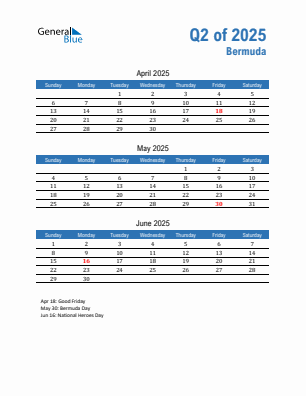 Bermuda Quarter 2 2025 calendar template