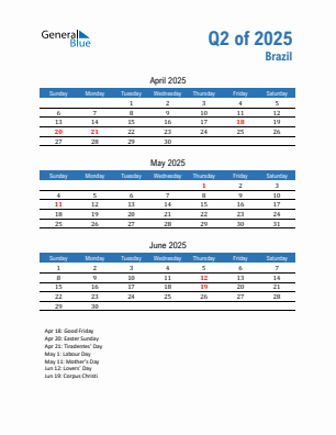 Brazil Quarter 2 2025 calendar template