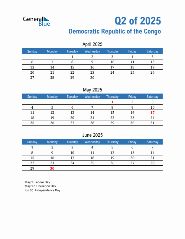 Democratic Republic of the Congo Q2 2025 Quarterly Calendar with Sunday Start