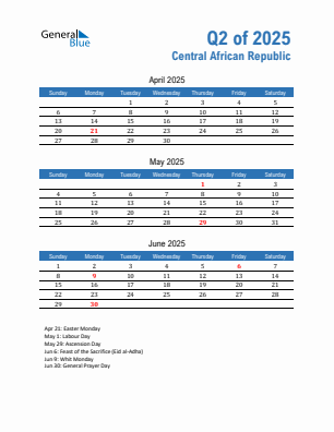 Central African Republic Quarter 2 2025 calendar template