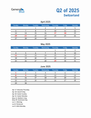 Switzerland Quarter 2 2025 calendar template