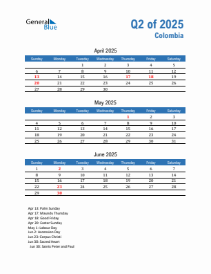 Colombia Quarter 2 2025 calendar template