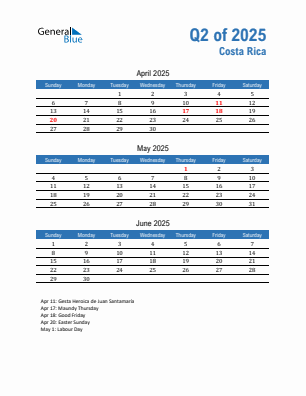 Costa Rica Quarter 2 2025 calendar template