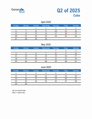 Cuba Quarter 2 2025 calendar template