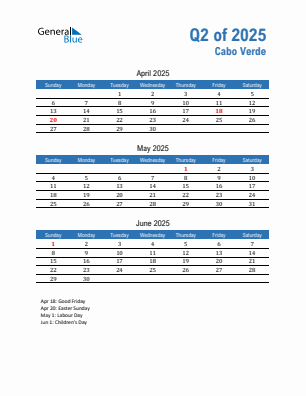 Cabo Verde Quarter 2 2025 calendar template